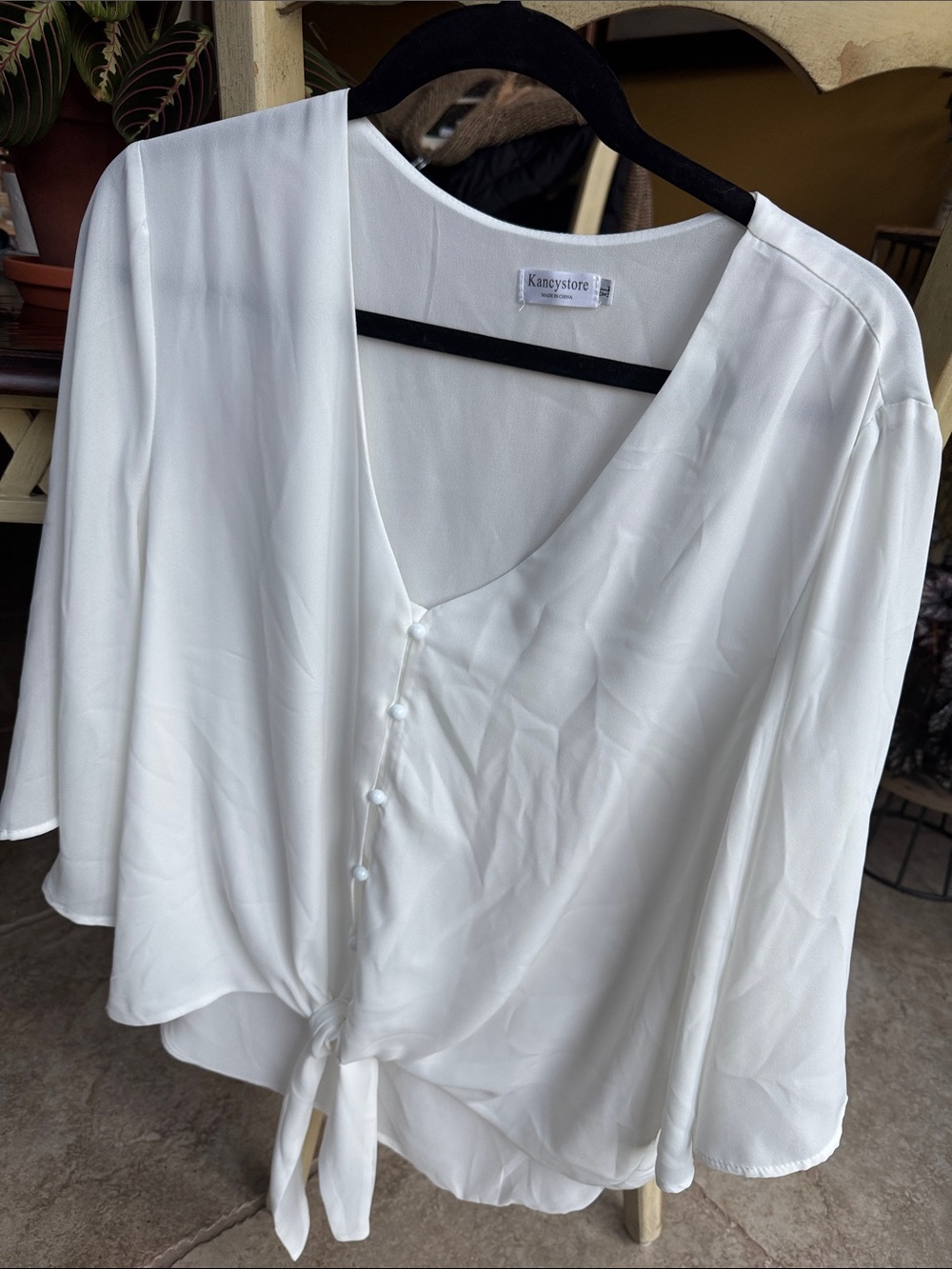 White Tie-Front V-Neck Blouse